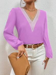 SHEIN Clasi Chèn ren Guipure Tay áo lồng đèn Áo sơ mi - Màu tím  Violet - Xem 3