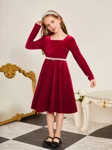 SHEIN 女童針織純色短絨面素色方領休閒連衣裙 - 紅色 - 查看 3