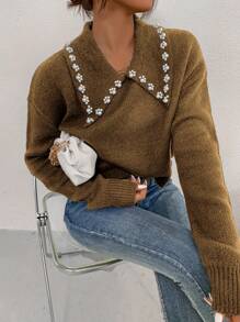 SHEIN Unity Pearl Detail Drop Shoulder Sweater - Camel - View 1