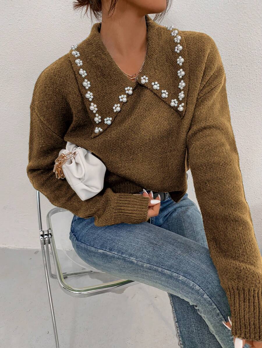 SHEIN Unity Pearl Detail Drop Shoulder Sweater - Camel - View 1