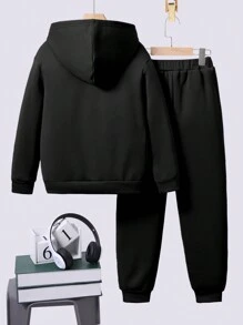 Tween男孩字母印花保暖連帽衫和慢跑褲套裝，2件裝 - 黑色 - 查看 2