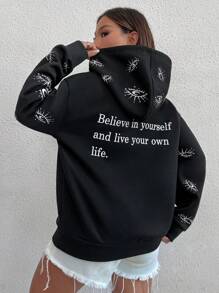 SHEIN Unity Áo Hoodie tay dài vai rớt in hình khẩu hiệu và mặt trăng: Hãy tin vào chính mình và sống cuộc đời của riêng bạn, áo nỉ mùa thu. - màu đen - Xem 4