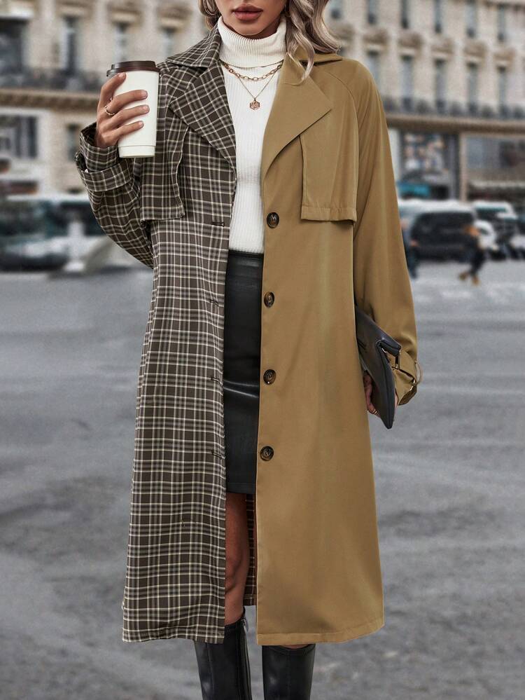 Plaid Print Colorblock Raglan Sleeve Belted Trench Coat Fall Cloth For Women