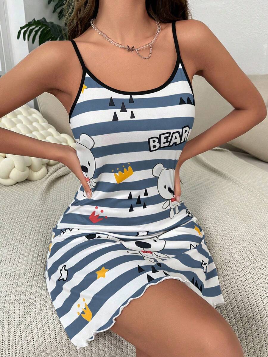 Camisón de pijama con estampado de rayas y gráficos de dibujos animados, con ribete de contraste, para la temporada de vacaciones
