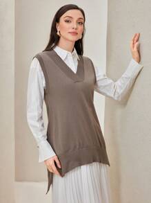 Seusyu 1pc Split Hem Sweater Vest - Coffee Brown - View 1