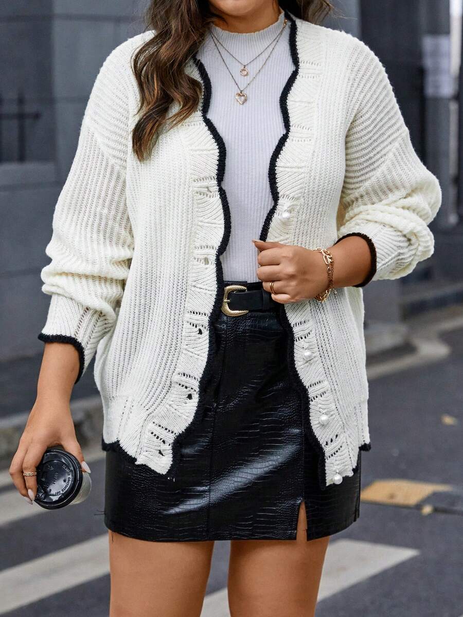 Calvaya Talla grande Cárdigan ribete en contraste de hombros caídos - Albaricoque - Ver 1