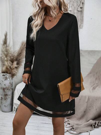 SHEIN LUNE Contrast Mesh Tunic Dress Fall Cloth For Women