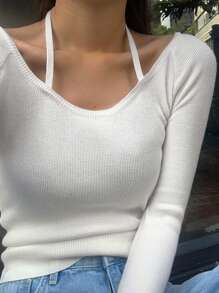 DAZY 女士纯色挂脖毛衣，秋装 - 白色 - 查看 1