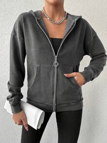 EURMUSE Solid Zip Up Hooded Sweatshirt - Grey - View 3