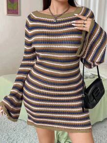 Flirla 大碼條紋圖案船領喇叭袖毛衣洋裝 - 杏色 - 查看 5