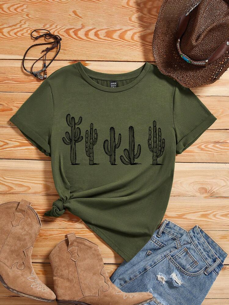 Lässiges grünes Pflanzen- & Kaktus-Muster figurbetontes Rundhals Kurzarm T-Shirt für Damen, Sommer Pullover, Lässig