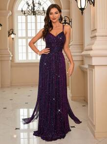 UNITHORSE Lace-Up Backless Sequin Cami Formal Dress Elegant Prom Evening Wedding Guest Gown, For Graduation, Dinner - Purple - View 4