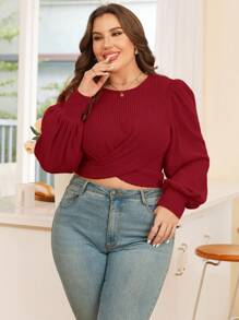 SHEIN Essnce Hơn Tay áo lồng đèn Áo thun Wrap Cross Crop - Màu Đỏ Sâu - Xem 4