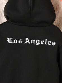 SHEIN Áo nỉ trẻ em trai in chữ, có túi kangaroo. - màu đen - Xem 6