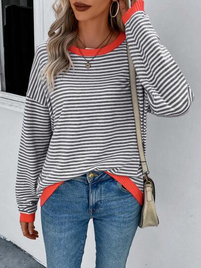 EMERY ROSE 条纹撞色落肩毛衣、长袖上衣、秋冬针织毛衣