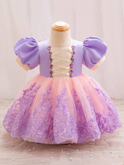 SHEIN Glamorique Kids 女婴双色花卉刺绣连衣裙，时尚，适合生日派对、晚会、婚礼、洗礼、一岁生日