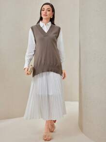 Seusyu 1pc Split Hem Sweater Vest - Coffee Brown - View 5