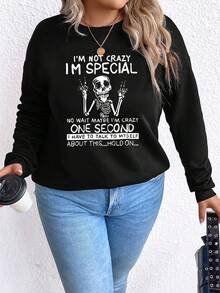 SHEIN Unity Kích thước lớn Sọ & Slogan In Thả vai Áo nỉ - màu đen - Xem 6