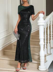 SHEIN Belle Của phụ nữ Khối màu Kim sa Vá lại Đầm - màu xanh lá - Xem 4
