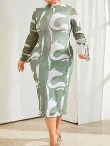 SHEIN Privé Hơn In Đồ họa tay áo lá sen Cổ giả Váy bodycon - Nhiều màu - Xem 6