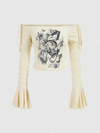 Fairycore Butterfly Pattern Off Shoulder Ruffle Sleeves T-shirt