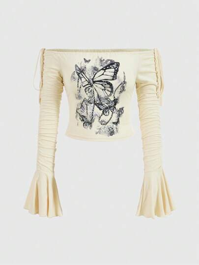 Fairycore Butterfly Pattern Off Shoulder Ruffle Sleeves T-shirt