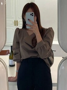 DAZY Của phụ nữ Ống tay áo Áo sơ mi - Màu nâu  Mocha - Xem 6