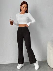 SHEIN PETITE Solid Ribbed Knit Flare Leg Pants - Black - View 5