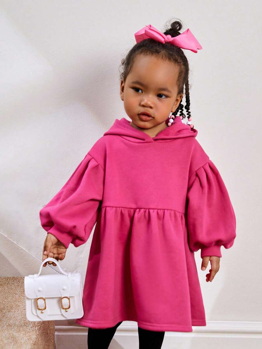 SHEIN Đứa bé gái Tay áo lồng đèn Đầm có mũ - Hồng - Xem 1