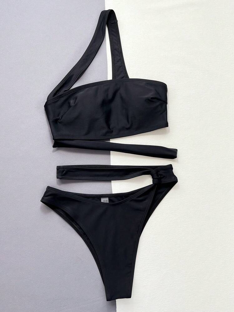 One Shoulder Hollow Out Design Bikini Set Summer Beach