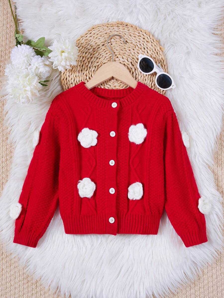 SHEIN 女小童貼花前紐扣開襟衫 - 紅色 - 查看 1