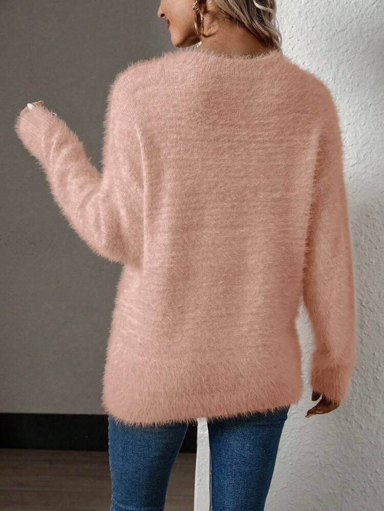 Women's Plush Knit Drop Shoulder Sweater,Long Sleeve Tops Knit Pullover Fall Winter Sweater