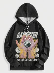 ROMWE MEN Street Life Men's Hand & Letter Print Hooded Casual Sweatshirt - Dark Grey - View 1