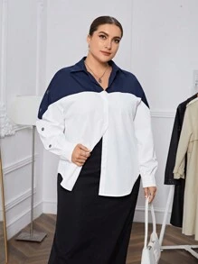 SHEIN Essnce Plus Two Tone Drop Shoulder Shirt - Multicolor - View 6