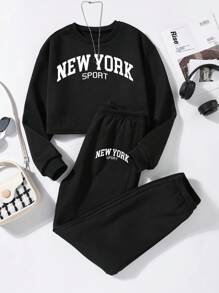 SHEIN ChillGRL 青少年女孩字母圖案加絨內裏衛衣和衛褲 - 黑色 - 查看 1