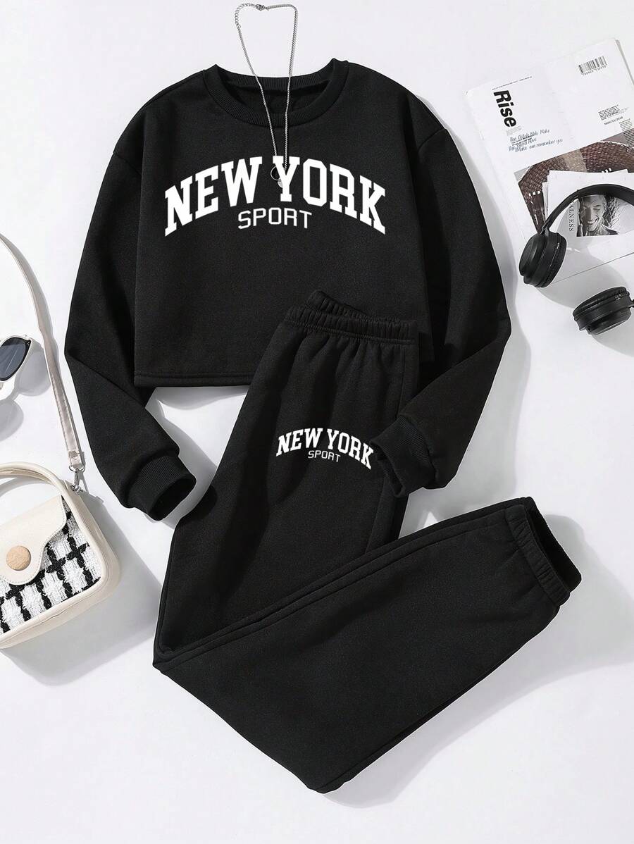 SHEIN ChillGRL 青少年女孩字母圖案加絨內裏衛衣和衛褲 - 黑色 - 查看 1
