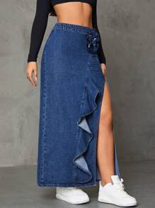 SHEIN ICON 牛仔半身裙帶荷葉邊和花裝飾 - 中等水洗藍 - 查看 4