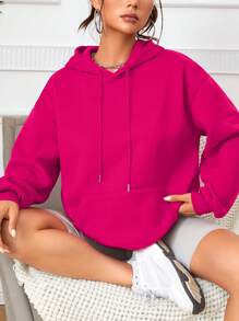 SHEIN EZwear Của phụ nữ In Hoa hồng Đỏ  Áo nỉ có mũ - Màu Hồng Tươi - Xem 2