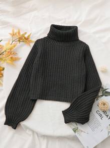 SHEIN Chica preadolescente Jersey cuello alto de manga farol