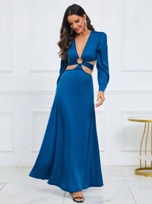 Chiquease Plunging Neck Cut Out Waist A-line Dress - Blue - View 2