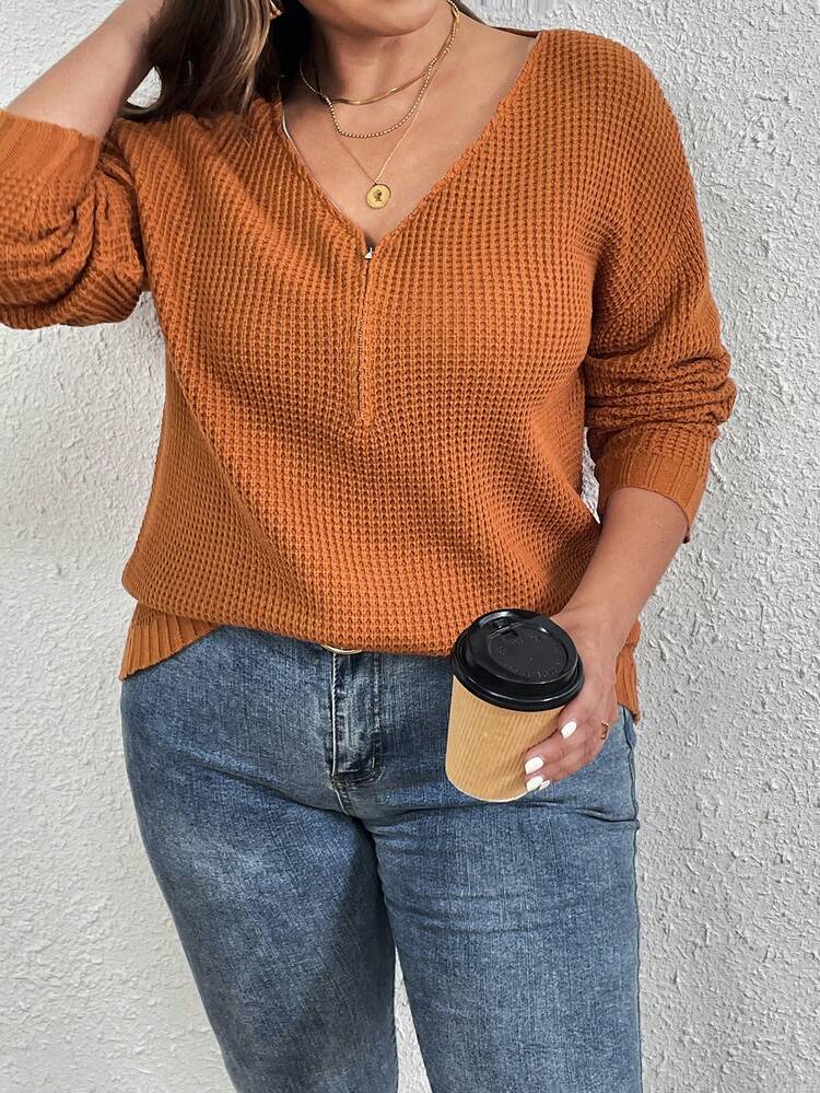 Plus Drop Shoulder Zipper Front Sweater