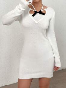 SHEIN Unity Nơ mặt trước Buộc lại Váy len bó sát - trắng - Xem 6