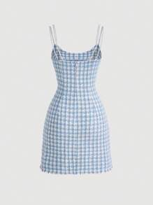 SHEIN MOD 格紋粗花呢吊帶洋裝 - 藍白色 - 查看 2