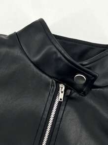 SHEIN ICON Quần áo mùa thu cho nữ họa tiết chữ cái tương phản áo khoác da PU dáng ngắn - màu đen - Xem 3
