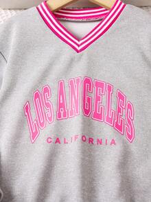 SHEIN Young Girl Letter Graphic Striped Trim Sweatshirt & Sweatpants - Grey - View 6