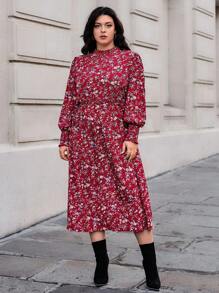 SHEIN Privé Plus Floral Print Lantern Sleeve Dress Without Belt - Red - View 3