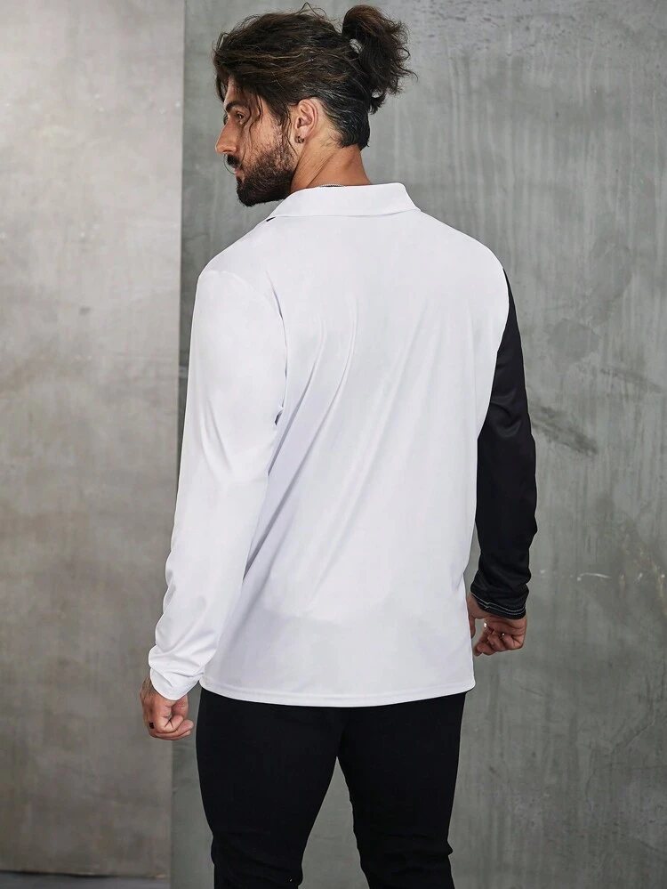 Men's Plus Size Color Block Long Sleeve Polo Shirt