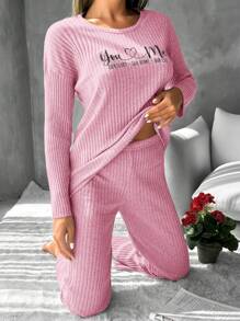 EURMUSE 100%Cotton Women's Text Printed Ribbed Tank Top & Shorts Homewear Set - Pink - View 5