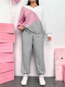 SHEIN EZwear 女性大尺寸拼接運動衫和衛褲套裝 - 彩色 - 查看 5