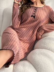 Women's Solid Color Contrast Lettuce Trim Button Detail Rib-Knit Lounge Dress - Dusty Pink - View 6